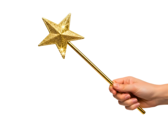 Hand holding a gold star wand isolated on transparent background