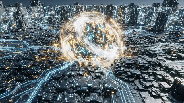 Abstract metaphorical drone shot flying over a glowing integrated circuit landscape with defensive walls protecting a bright centralized core of data technology, privacy, background