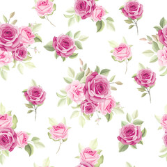 Elegant pink rose floral seamless pattern with green leaves on white background