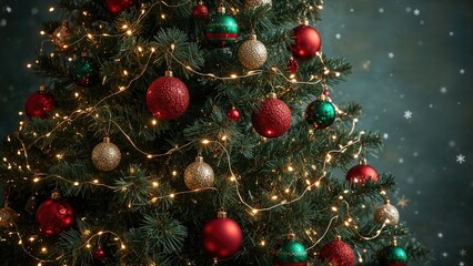 Christmas tree decorated with red, green, and gold baubles and fairy lights. Festive holiday decor and celebration atmosphere.