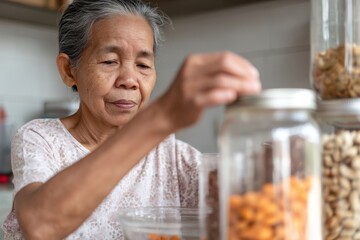 Senior Woman Organizing Kitchen Jars: Focus on Food Storage and Home Organization.