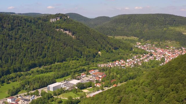 Aerial view around the city Lichtenstein in Germany on a sunny day in Summer.
