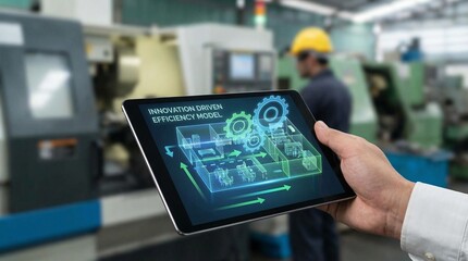 innovation driven efficiency model concept. Worker using tablet for machine efficiency in a factory setting.