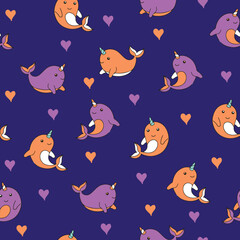 Cute orange and purple narwhal seamless pattern with hearts on dark blue background © pattern_boom