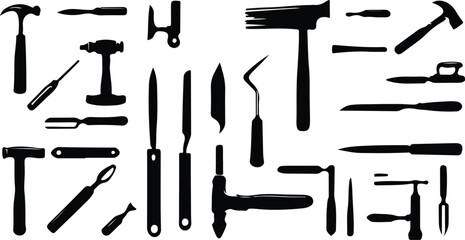 Set of various hand tools including hammer pliers wrench screwdriver and other construction equipment isolated on white background