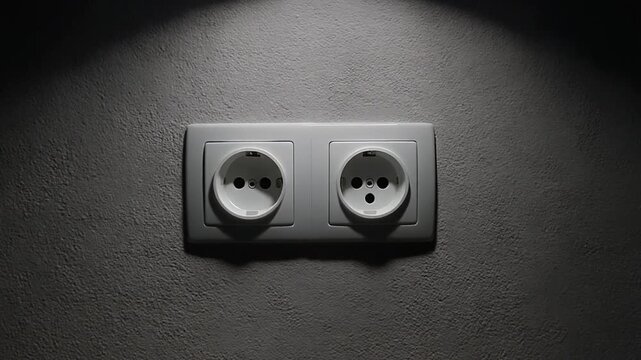Close-up of a white double electrical outlet mounted on a textured gray wall socket power
