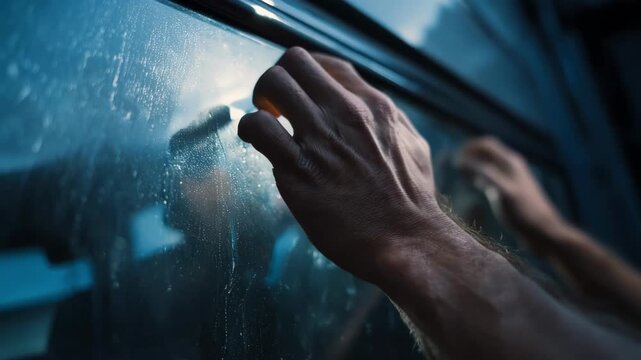 Closeup of hands adjusting bulletproof glass on a police van focusing on the reinforced material designed for maximum safety during transport.