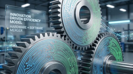 innovation driven efficiency model concept. Innovative gears with circuit patterns representing technology and efficiency.