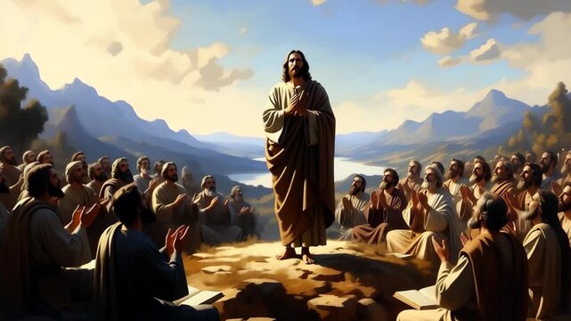 The Sermon of Jesus Christ on the Mount to His Disciples. Video in an artistic style