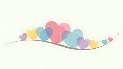 Colorful translucent hearts forming a beautiful curve on a light background