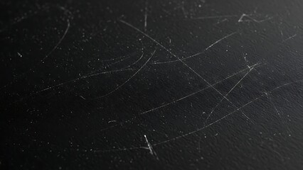 Abstract black surface showcasing numerous random scratches and subtle light reflections