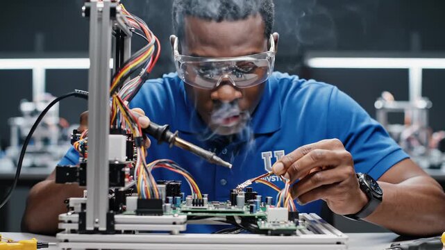 Man Soldering Wires on Circuit Board in Lab With Safety Goggles