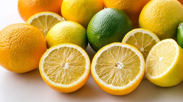 Fresh citrus display: vibrant oranges, lemons, and limes on white background