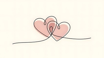 Elegant continuous line art of two intertwined hearts with soft pink shading on cream background