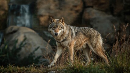 Naklejka premium A wolf in a natural landscape with rocks and a waterfall in the background.