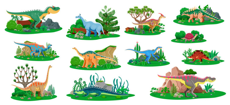 Dinosaurs and prehistoric lizards for kids, vector cartoon dino characters. Dinosaurs of Jurassic era reptiles and prehistoric animal species in jungle forest for kids dino encyclopedia or atlas