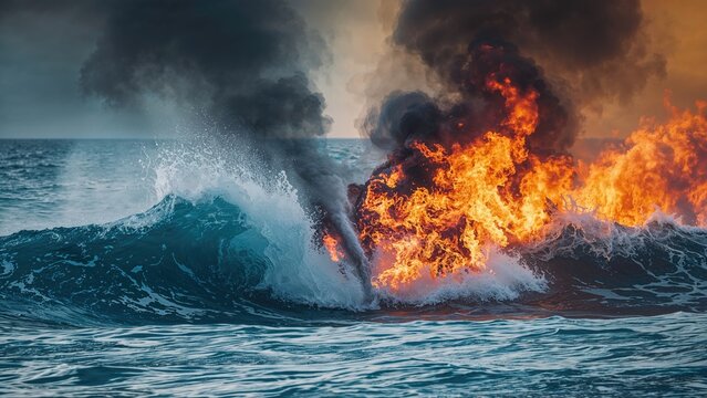 Wildfire on ocean surface with large flames and smoke, intense scene, natural disaster, and fire outbreak on water.