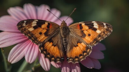 Fototapeta premium A butterfly resting on a pink flower with green background.
