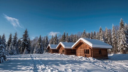 Snow-covered wooden cabins in a winter forest scene with snow-covered trees and a blue sky.