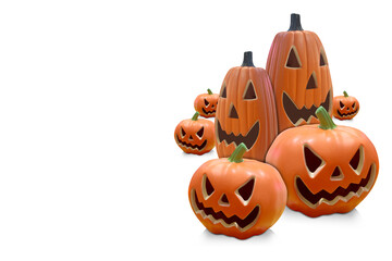 closeup various sizes and shapes of seven pumkins are carved with similar spooky faces on white background, object, decor, fashion, scary, festival, celebration, ghost, copy space