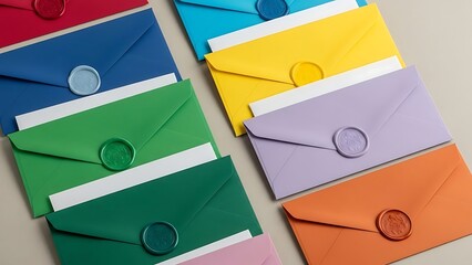 Colorful envelopes with wax seals arranged in a visually appealing display