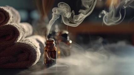 Medium shot capturing gentle steam rising from aromatic essential oils enhancing the tranquil spa environment with soothing scents.