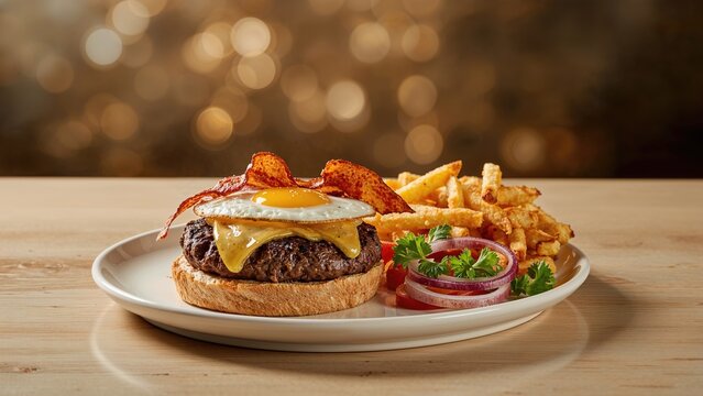 Burger with fries and onion rings on a plate. - Powered by Adobe