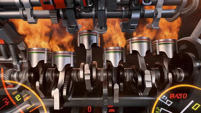 Detailed 3D Rendering of a Working Internal Combustion Engine with Pistons and Flames motor crankshaft