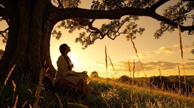 A serene man meditating under a tree in a peaceful field at sunset in a calming video. knowledge wisdom theme Footage