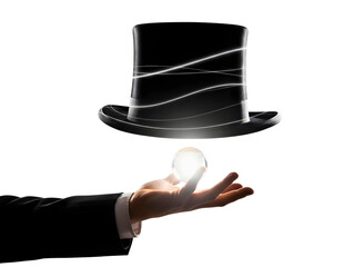 Magicians hand levitating crystal ball and top hat isolated on transparent background