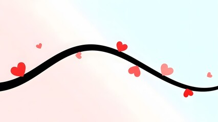 Abstract wavy black line with red hearts on soft pink and blue gradient background