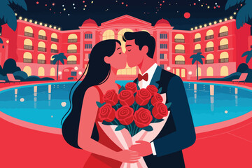 Couple kissing in front of luxury hotel at night with red rose bouquet and romantic poolside view.