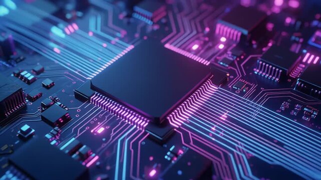 Close-up of a glowing blue and pink computer processor chip with intricate circuitry and illuminated pathways on a dark background