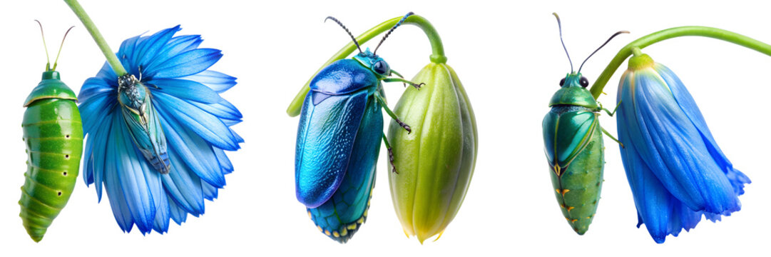 Set of Blue flower with green from chrysalis isolated on a transparent background