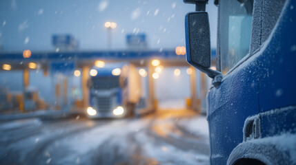Macro-style close-up of side mirrors and doors of queued trucks at a winter border checkpoint, surfaces glazed with frost, snow clinging to rivets and handles, blurred customs boot