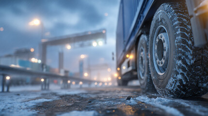 Obraz premium Close-up shot of truck wheels and undercarriages in a border queue, packed snow and ice lodged in tire treads, wet asphalt reflecting warning lights, metal barriers and inspection
