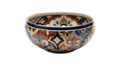 Ornate Ceramic Bowl with Intricate Patterns and Blue Rim