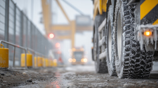 Close-up shot of truck wheels and undercarriages in a border queue, packed snow and ice lodged in tire treads, wet asphalt reflecting warning lights, metal barriers and inspection