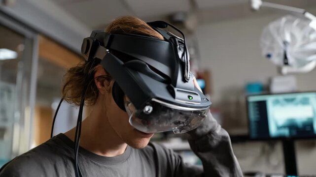 Engineer tests and calibrates a virtual reality headset optimized for immersive health and wellness applications focusing on user interface and comfort.