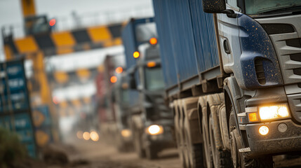 Fototapeta premium Tight close-up perspective along a line of cargo trucks waiting for customs inspection, side mirrors and cabin doors filling the frame, worn paint textures and road dust visible, w