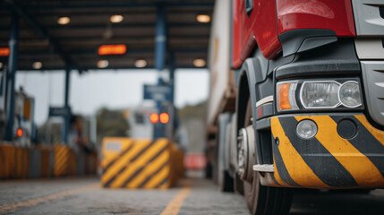 Close-up view of heavy trucks waiting motionless at customs control, surface details like chipped paint and rubber seals visible, warning lights blinking, concrete barriers and cus