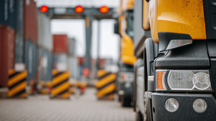 Close-up view of heavy trucks waiting motionless at customs control, surface details like chipped paint and rubber seals visible, warning lights blinking, concrete barriers and cus
