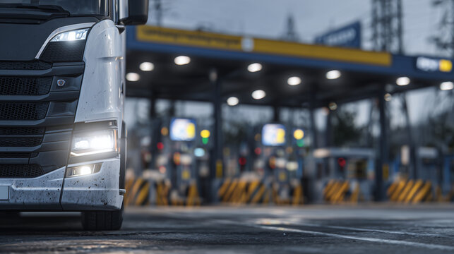 Front-facing close-up of trucks halted at a border customs clearance zone, headlights illuminating wet asphalt, license plate areas blank, metal barriers and inspection signage beh