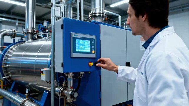 Engineer adjusting digital control panel on industrial boiler system for enhanced energy efficiency and operational precision in a hightech facility.