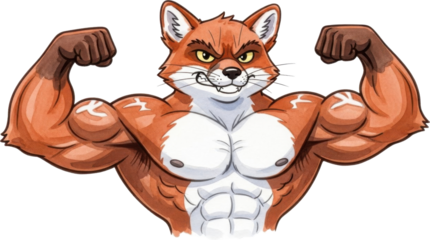 Muscular cartoon fox flexing muscles isolated on transparent background