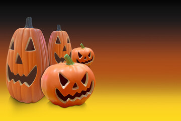 inside left, old various sizes and shapes of four pumkins are carved with similar spooky faces on gradient black and orange and yellow background, object, decor, fashion, scary, festival, celebration