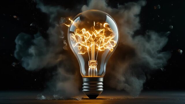 Exploding Incandescent Light Bulb with Fiery Orange Smoke and Water Droplets Against Dark Background