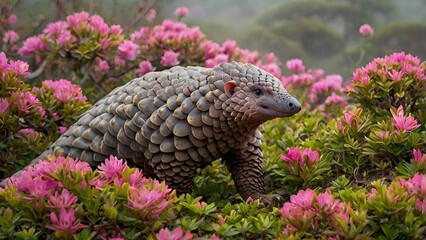 a misty hillside, a colorful pangolin curls around a flowering bush