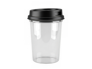 Clear plastic coffee cup with black lid isolated on transparent background