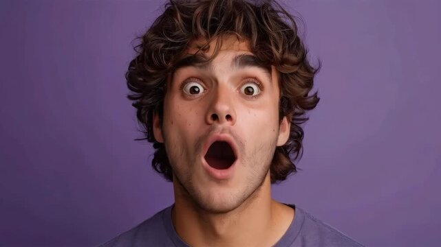 A surprised young man with wide eyes and mouth on a purple background is ideal for advertising entertainment events or reaction memes as a bright background.
